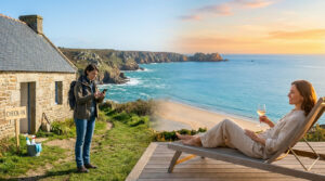 Imagem dividida mostrando uma mulher estressada com autogestão de aluguel e outra relaxada com serviço de concierge na costa da Bretanha.