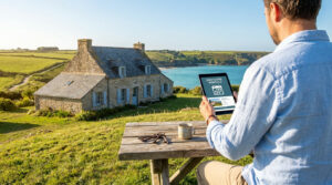Scenic Brittany: A person remotely manages a stone house rental via tablet, keys on a rustic table, overlooking the sea.