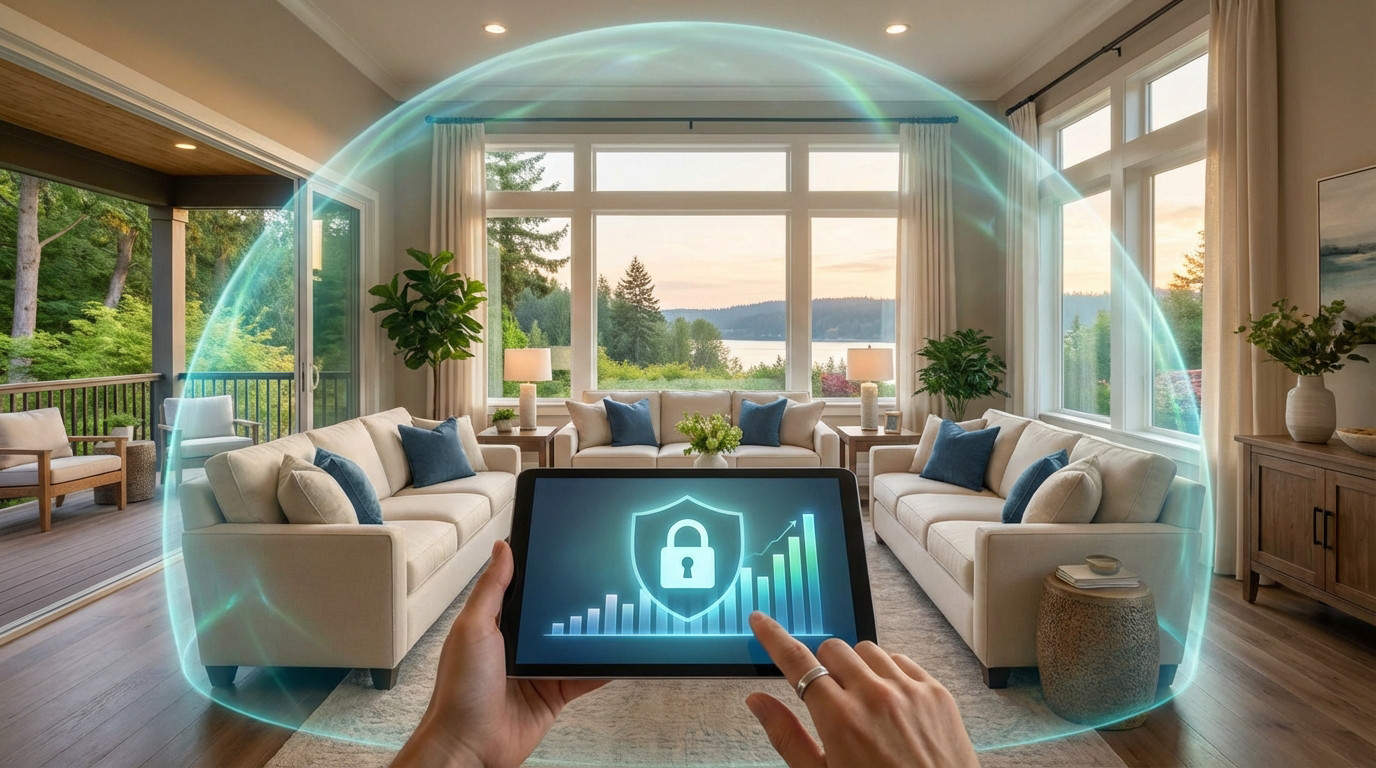 Hands hold a tablet displaying a financial security shield and growth graphs, overlooking a modern living room with a glowing protective barrier and lake view.